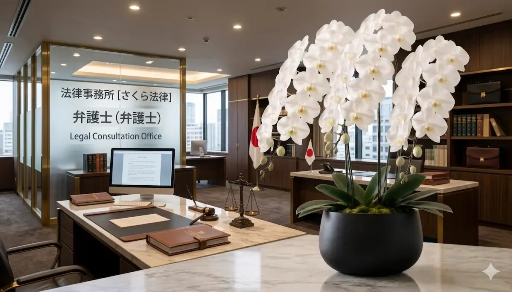 弁護士の開業祝いに贈る白い胡蝶蘭3本立ち(法律事務所の応接室)