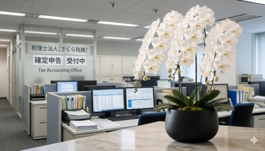 税理士の開業祝いに贈る白い胡蝶蘭3本立ち(税理士法人の受付カウンター)