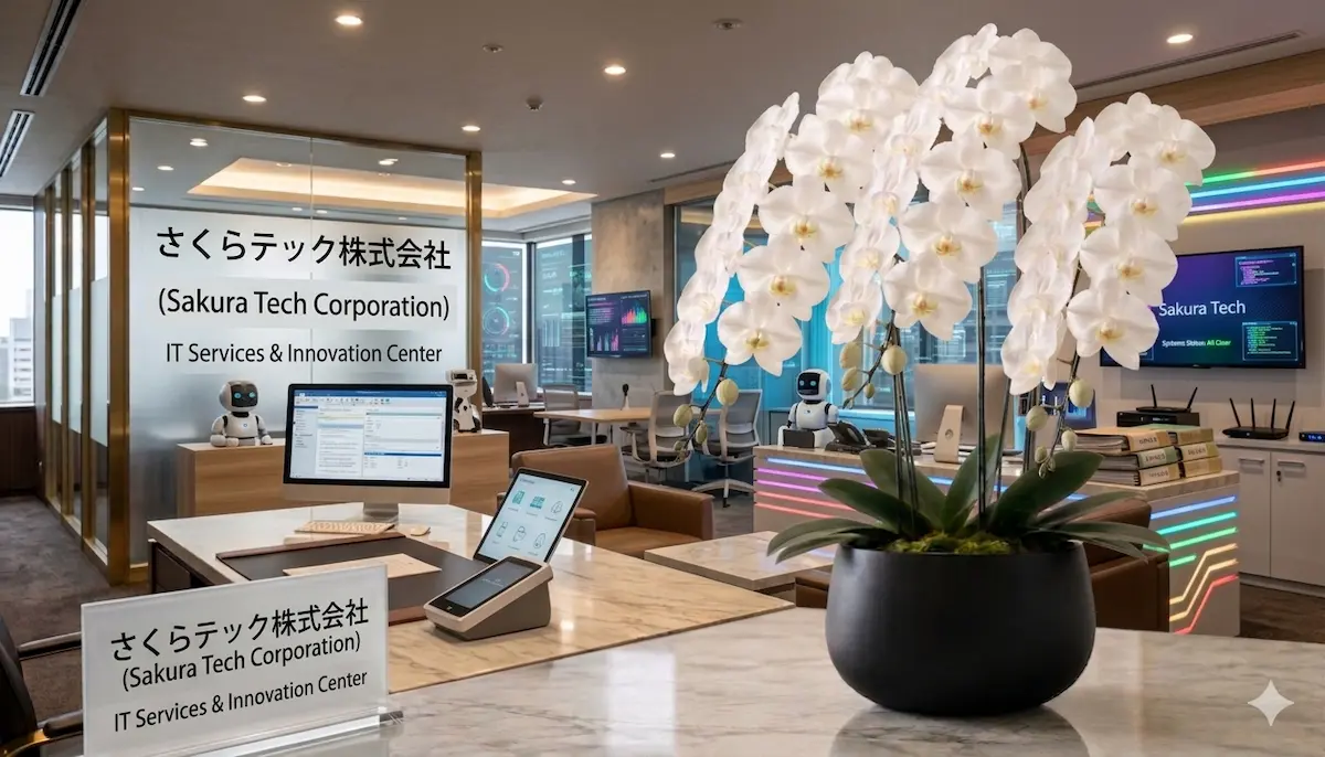 開業祝いの胡蝶蘭3本立ち(IT企業の受付エントランスに飾られた様子)