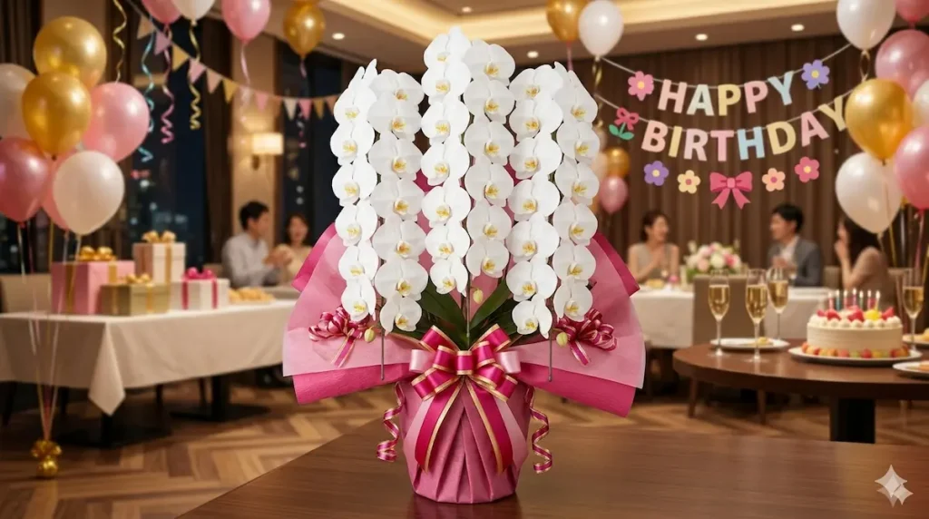 誕生日祝いに贈る白の大輪胡蝶蘭・ピンクラッピングのバースデーパーティー演出