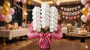 誕生日祝いに贈る白の大輪胡蝶蘭・ピンクラッピングのバースデーパーティー演出