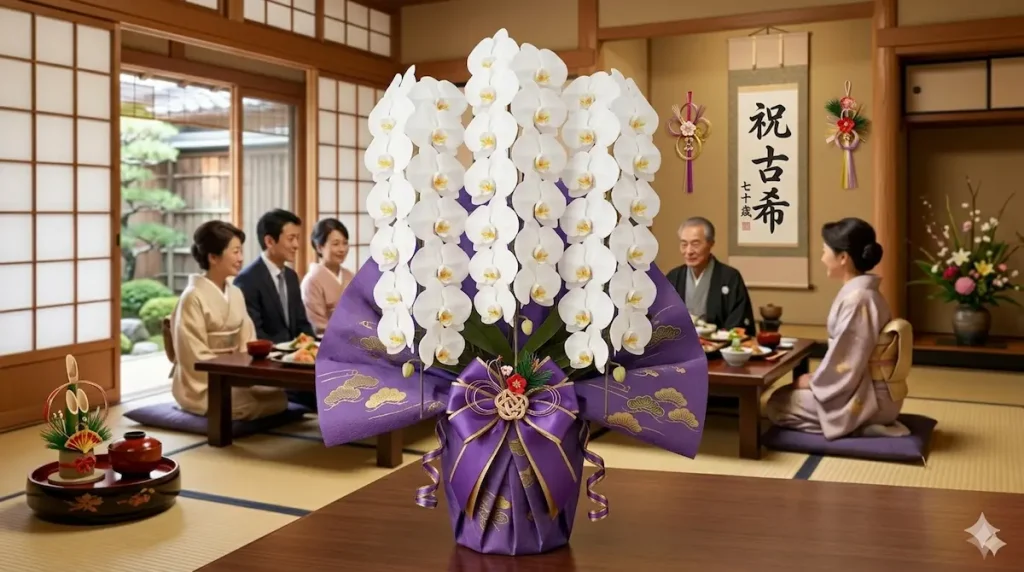 古希祝いに贈る白の大輪胡蝶蘭・紫ラッピングの和室に飾られた長寿祝いの席