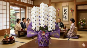 古希祝いに贈る白の大輪胡蝶蘭・紫ラッピングの和室に飾られた長寿祝いの席
