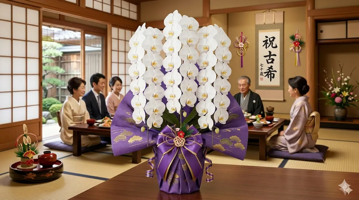 古希祝いに贈る白の大輪胡蝶蘭・紫ラッピングの和室に飾られた長寿祝いの席