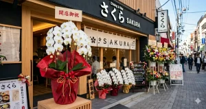 開店祝いの胡蝶蘭 飲食店オープン店頭の白3本立ちと開店御祝の立て札