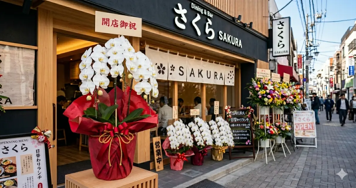 開店祝いの胡蝶蘭 飲食店オープン店頭の白3本立ちと開店御祝の立て札
