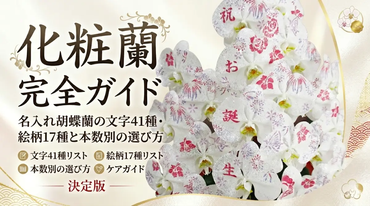 花びらに祝の文字と花火や蝶の絵柄を手描きした白い化粧蘭