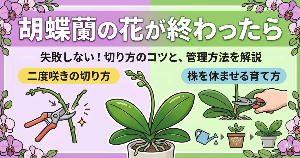 花が終わった胡蝶蘭の花茎を二度咲きのため切る位置
