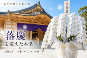 落慶法要を迎えた寺院の本堂に飾られた白い大輪の胡蝶蘭