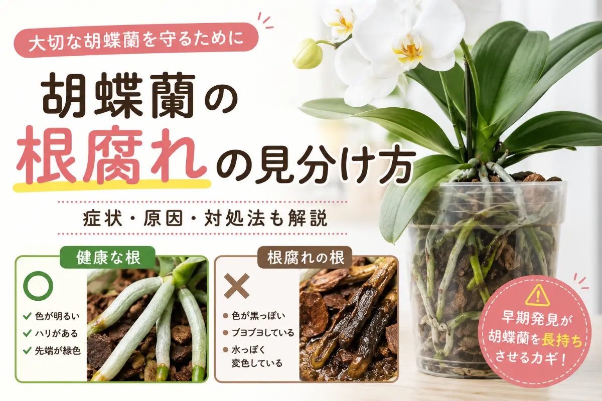 根の状態を確認する胡蝶蘭の白い花と緑の根