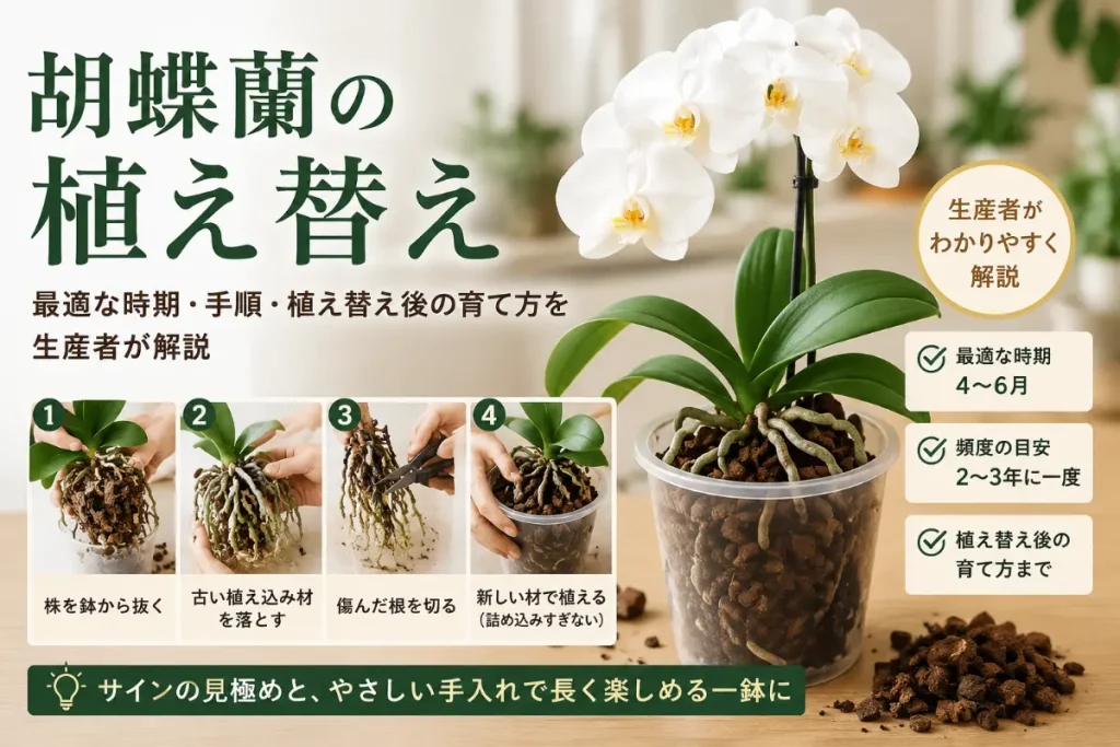 植え替えを終えた白い大輪胡蝶蘭の鉢