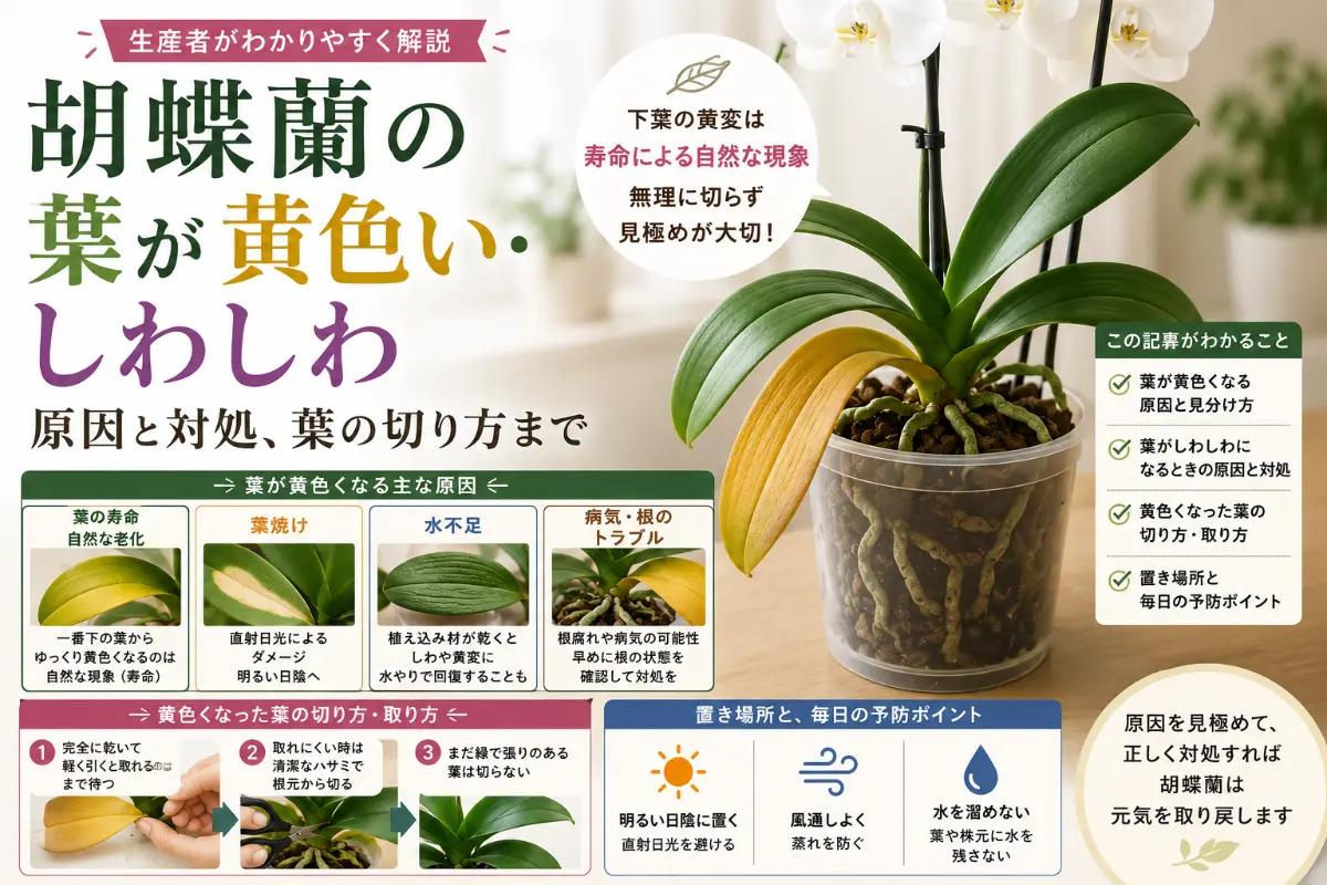 黄色くなった下葉と健康な緑の葉がある胡蝶蘭