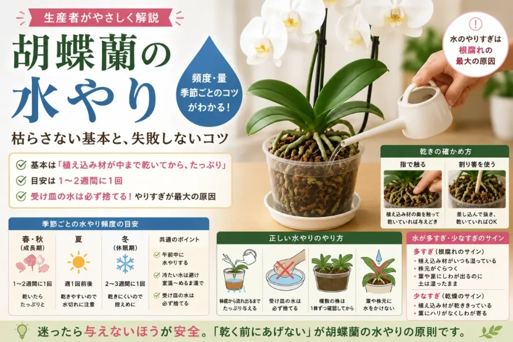 水苔の乾き具合を確かめながら水やりする白い胡蝶蘭