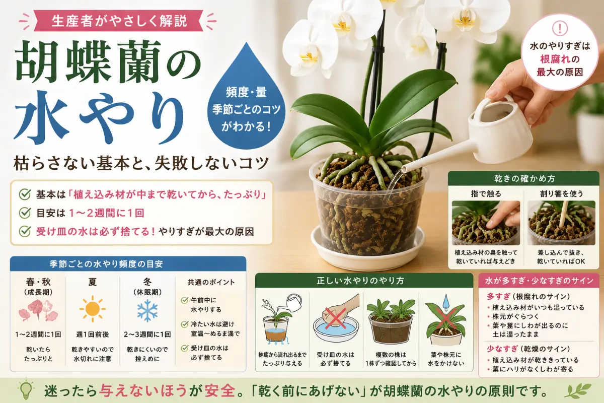 水苔の乾き具合を確かめながら水やりする白い胡蝶蘭