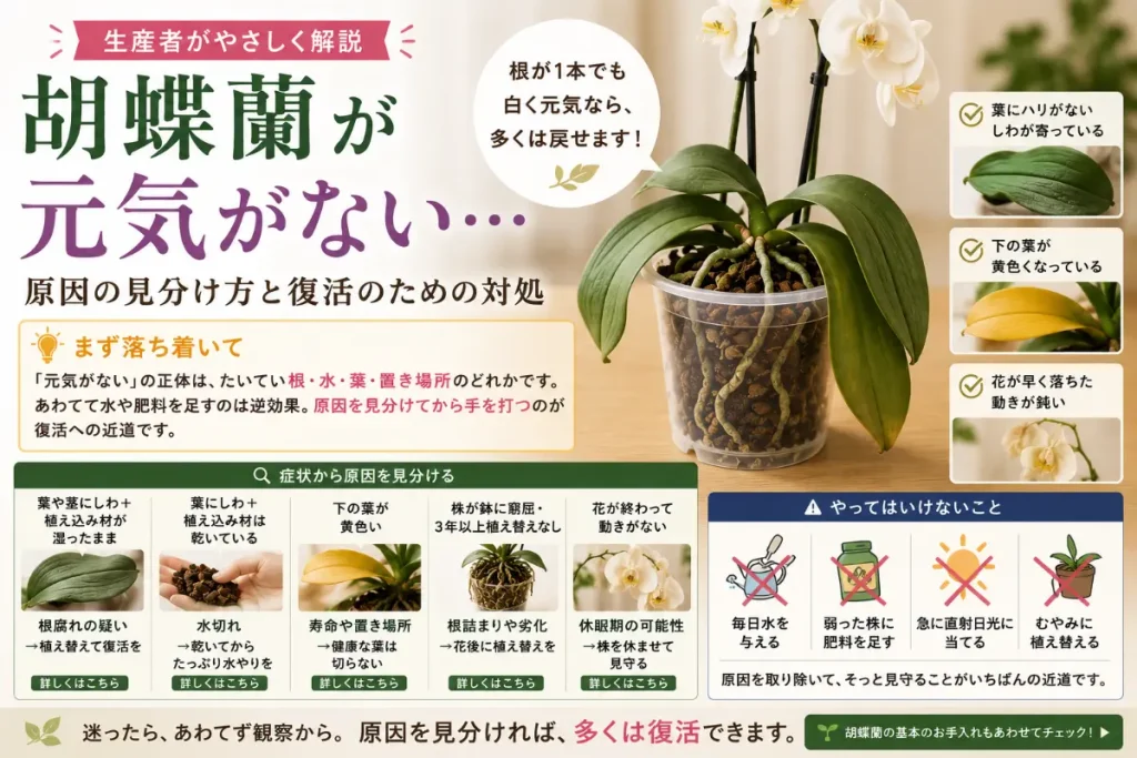 元気がなく葉がしおれ気味の胡蝶蘭の鉢