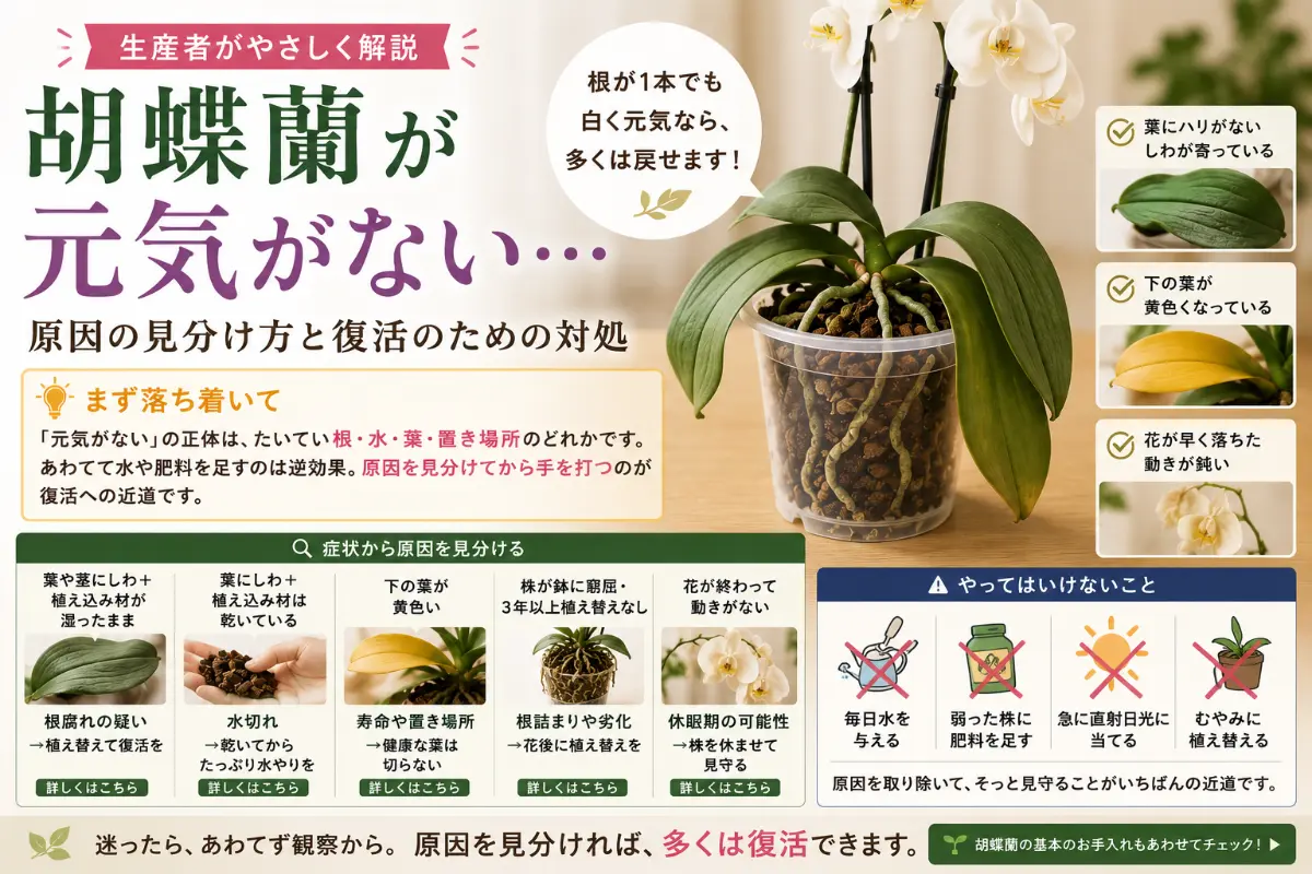 元気がなく葉がしおれ気味の胡蝶蘭の鉢