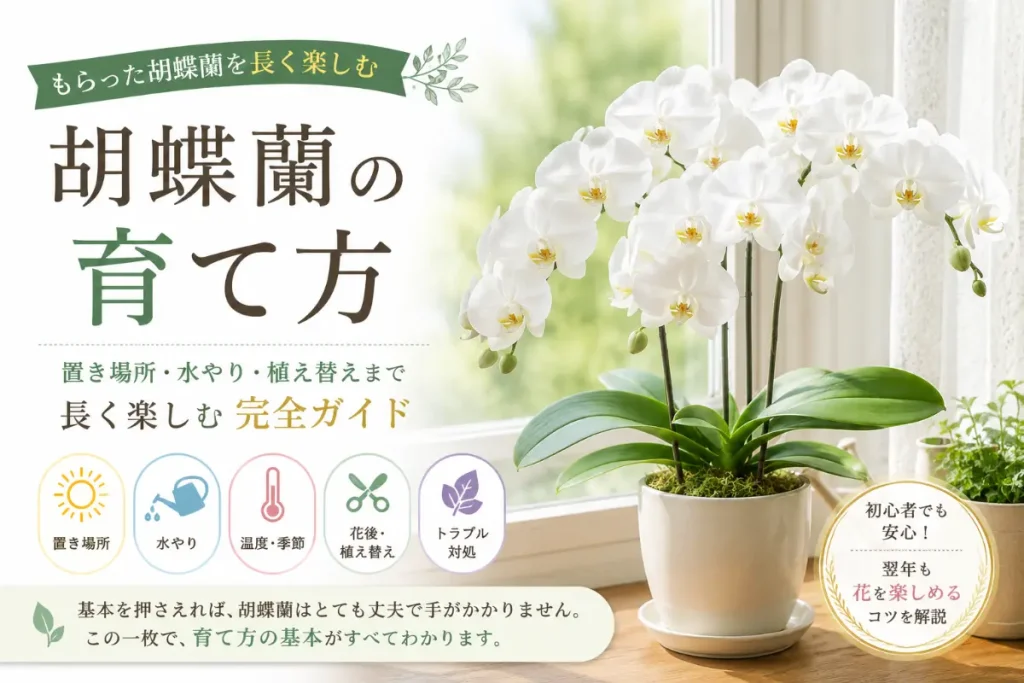 明るい窓辺で長く育てている白い大輪の胡蝶蘭