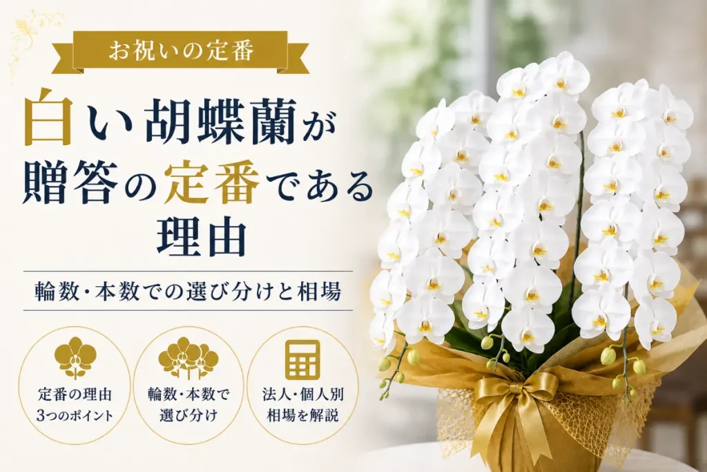 お祝いの定番である白い大輪胡蝶蘭3本立ち